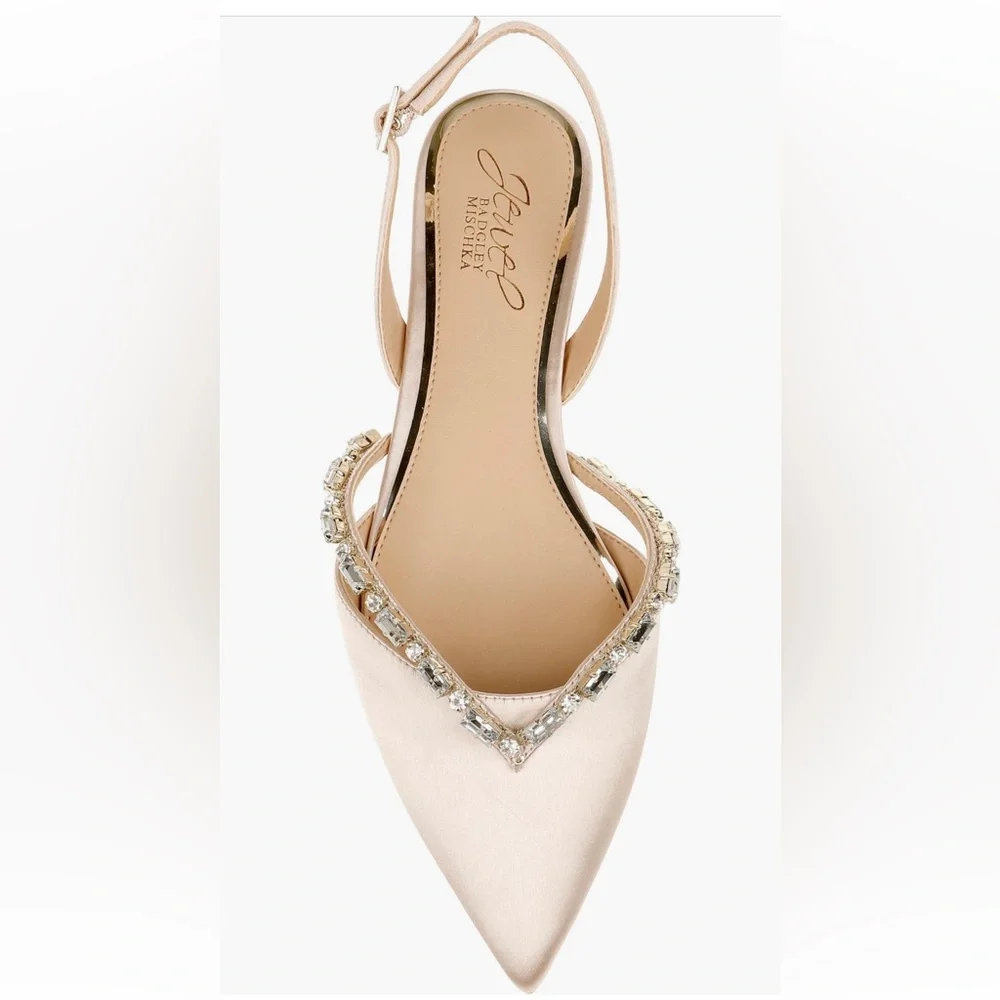 Jewel Badgley Mischka Satin Flats in Champagne with Crystal Embellishments - Picture 4 of 7